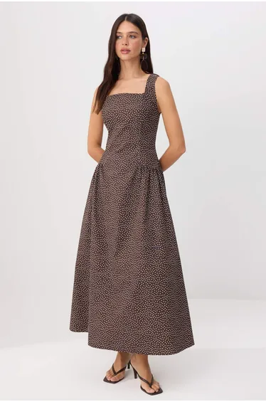 Brown-Multicolor Polka Dot Maxi Woven Dress
