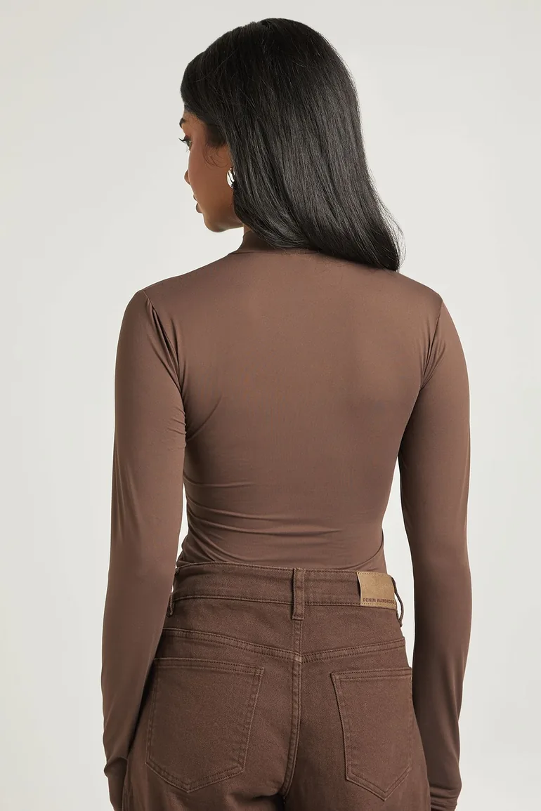 High Neck Second Skin Long Sleeve Bodysuit - chocolate - 2