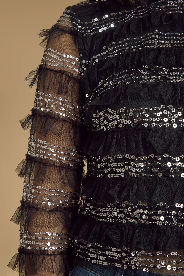 Sequin Ruffle Mesh High Neck Top - 3