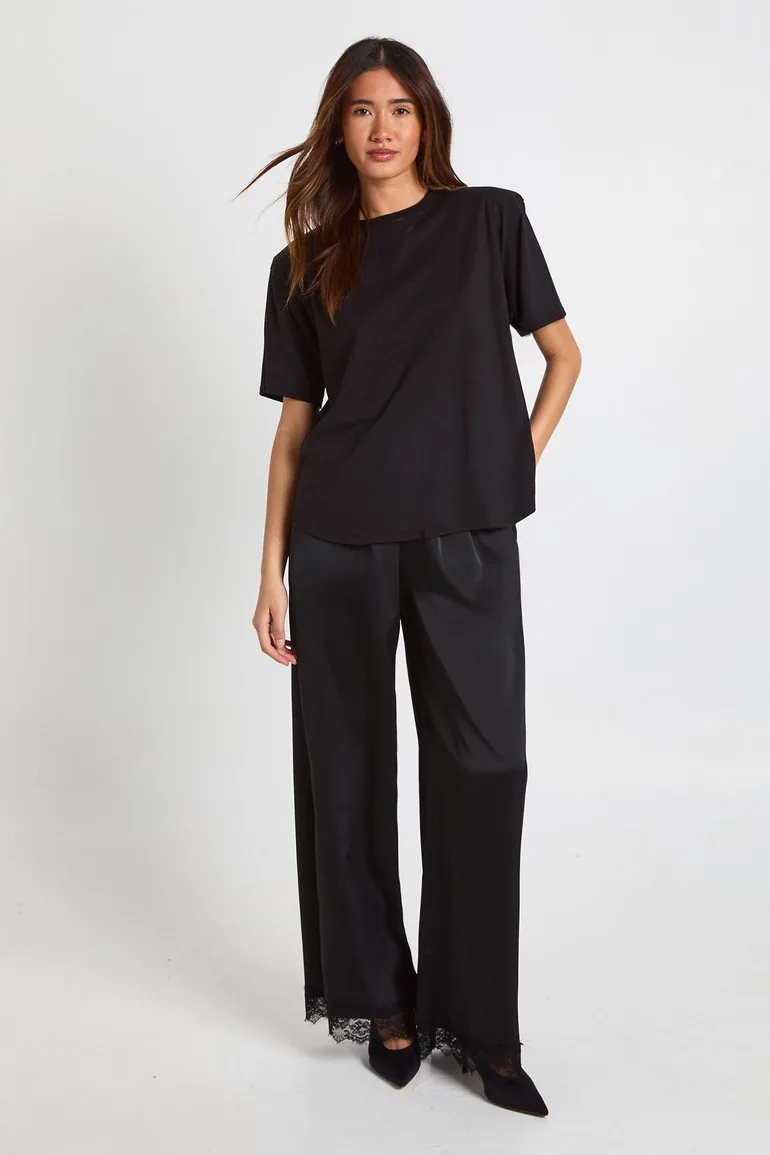 Satin Lace Trim Wide Leg Trousers - black - 2