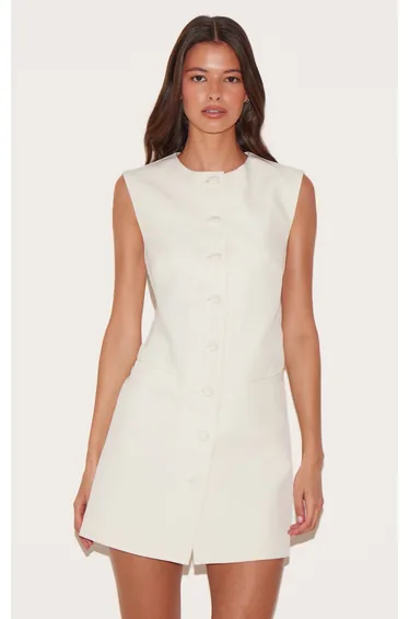 Cream Tailored Woven Button Down A Line Dress