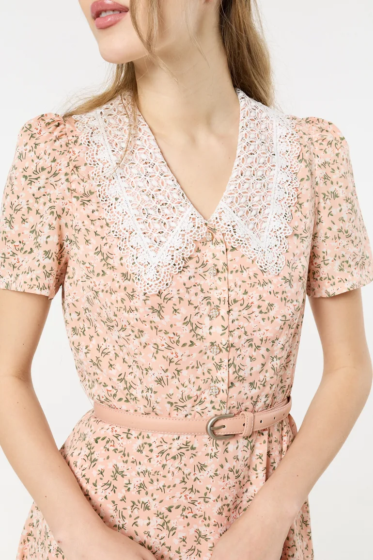 Pink Floral Lace Collar Midi Dress - 4