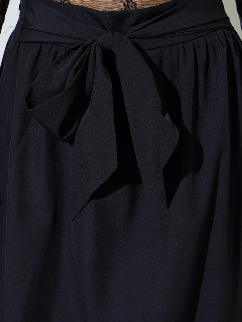 Black Tie-Waist Maxi Skirt with Side Slit - 3