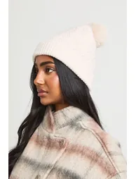 Patterned Pom Pom Knitted Beanie - oatmeal
