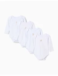 Pack Of 4 Long Sleeve Cotton Bodysuits With Prints For Babies, White