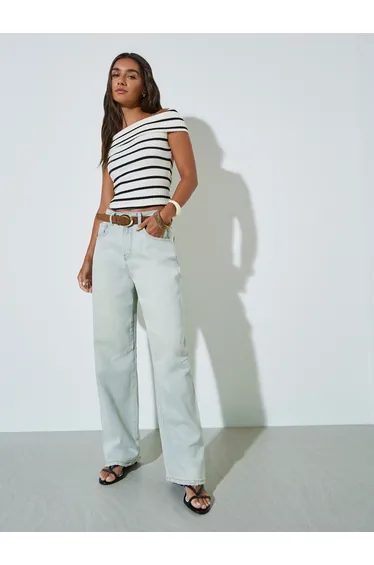 Blue Mid-Rise Tapered Pocket Wide Leg Jeans