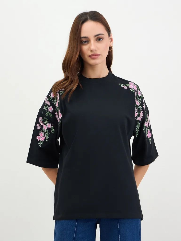 Black Floral Embroidered Oversized T-Shirt