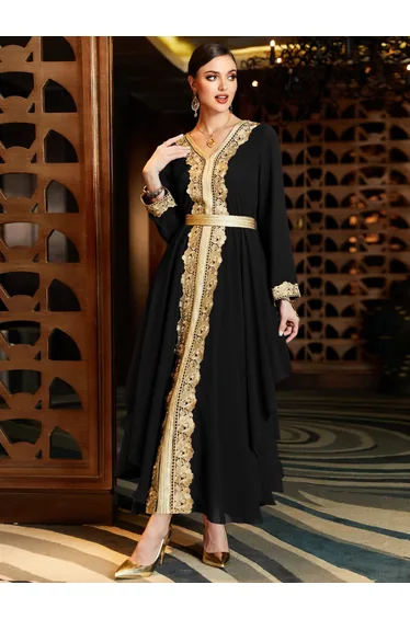Women Black Golden Trim Patch Detail Jalabiya