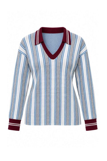 Burgundy Polo Collar Striped Color Block Oversize Knitwear Sweater product thumbnail 2