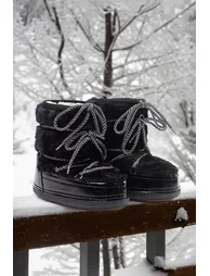 Black Fur Lace-Up Short Flat Heel Women's Snow Boots - 4