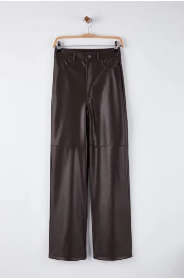 Brown Relaxed/Casual Straight/Pipe Leg Stitching Detail Knitted Leather Pants