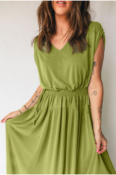Lvness Green Solid V Neck Cap Sleeve Tunic Elastic Waist Versatile Maxi Dress product thumbnail 4