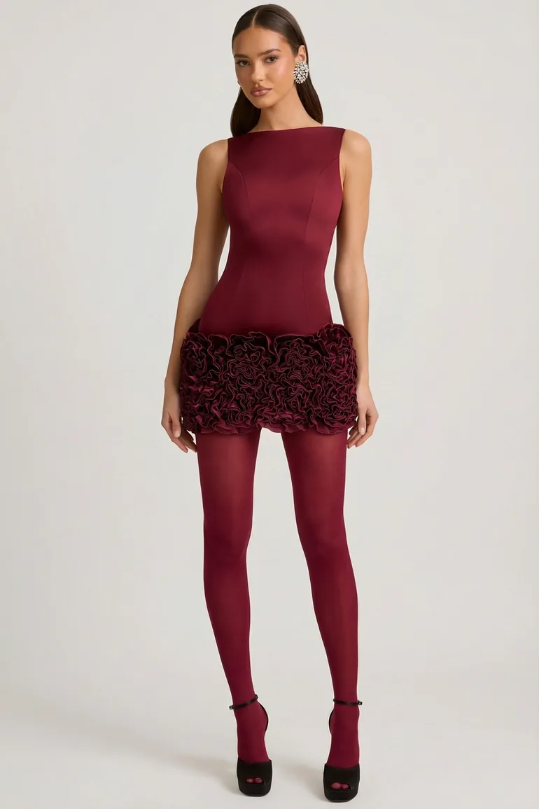 Appliqué Open-Back Mini Dress in Wine Red