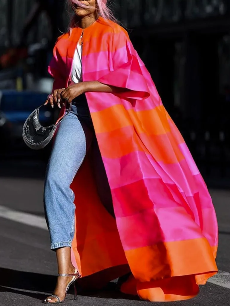 Loose Short Sleeves Contrast Color Striped Jackets&Coats Outerwear - 1
