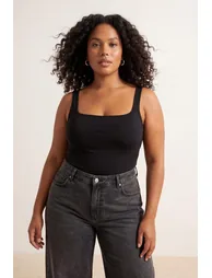 Black Square Collar Strap Soft Buttoned Basic Knitted Plus Size Undershirt - 5
