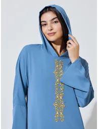 Blue Embroidered Panel Hooded Jalabiya - 4