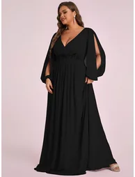 Long-Sleeve Deep V-Neck A-Line Floor-Length Evening Dress - 8