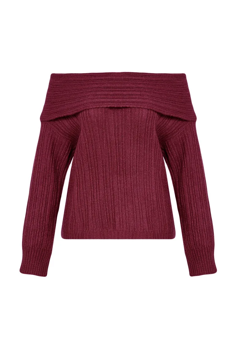 Burgundy Soft Textured Carmen Collar Knitwear Sweater - 5