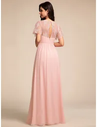ever ROBYN|Flutter Sleeve Pleated Lace Bodice V-Neck Maxi Bridesmaid Dress - 1