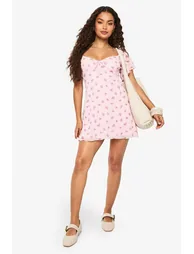 Ditsy Floral Mesh Angel Sleeve Tie Front Mini Dress - light pink