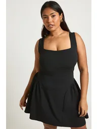 Plus Square Neck Full Skirt Mini Dress - black