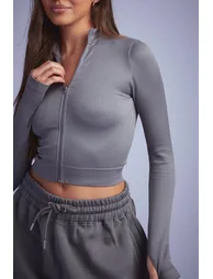 Seamless Rib Zip Through Jacket - charcoal - 3