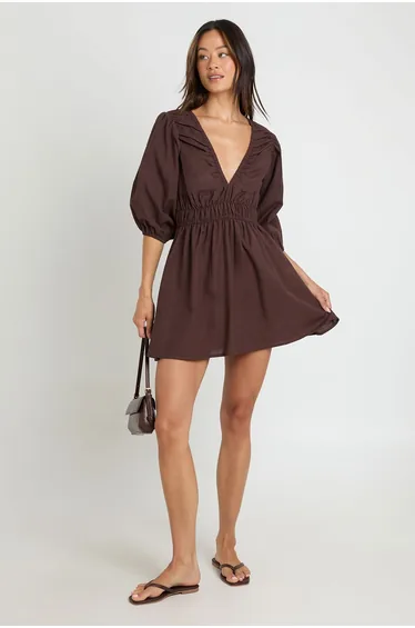 Tall Linen Look Volume Sleeve Shirred Skater Dress - chocolate