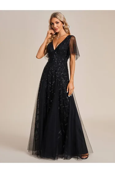 Deep V Neck Sequin Evening Gown With Short Sleeves