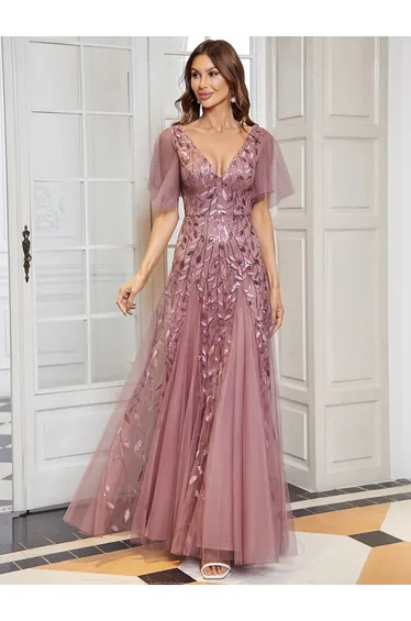 Deep V Neck Sequin Evening Gown With Short Sleeves