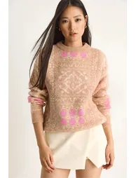 LUCCI Ethnic Pattern Long Sleeve Crew Neck Sweater - 3