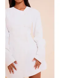 Petite White Premium Linen Look Cinched Waist Cocoon Sleeve Mini Dress - 3