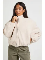 Petite Funnel Neck Wool Look Bomber Jacket - stone - 1
