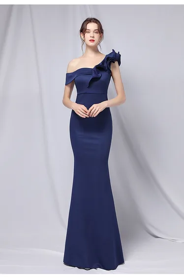Ruffle One-Shoulder Mermaid Satin Gown in Navy