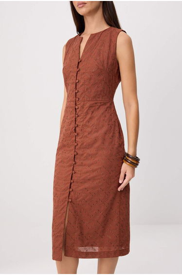 Brown Embroidered Button Detailed Midi Woven Dress product thumbnail 3