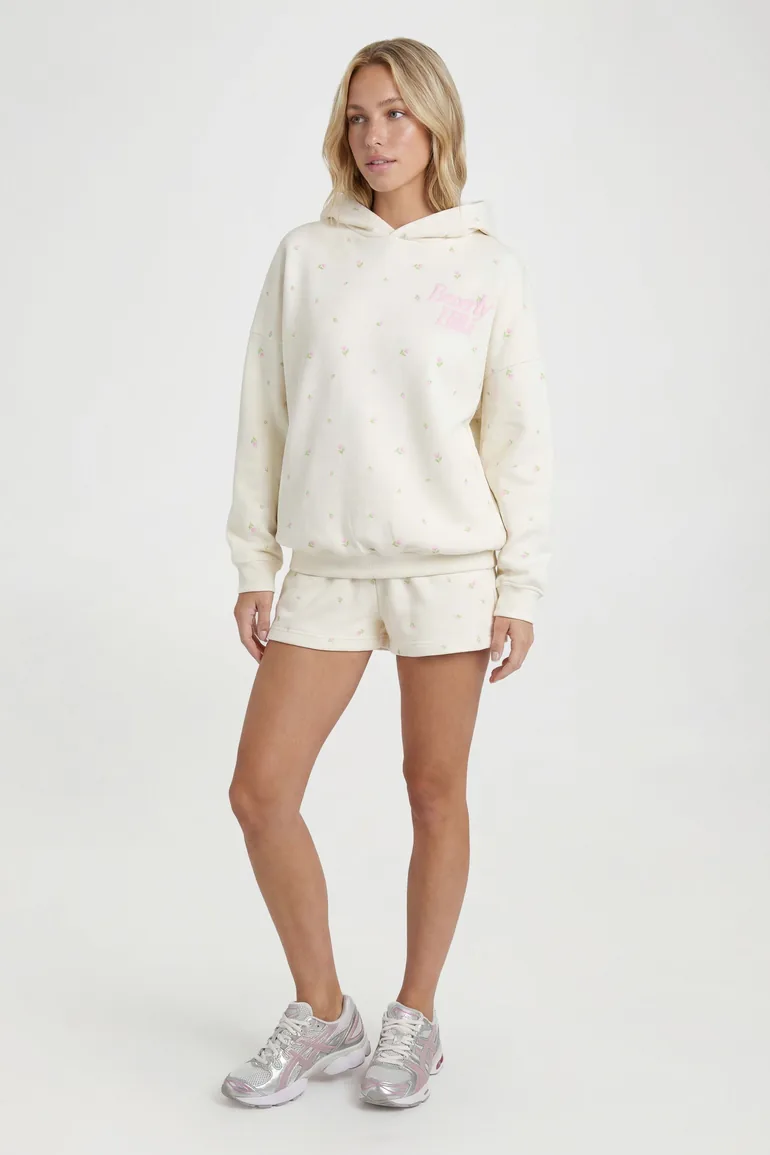 Beverly Hills Puff Print Ditsy Hooded Short Tracksuit - ecru - 3