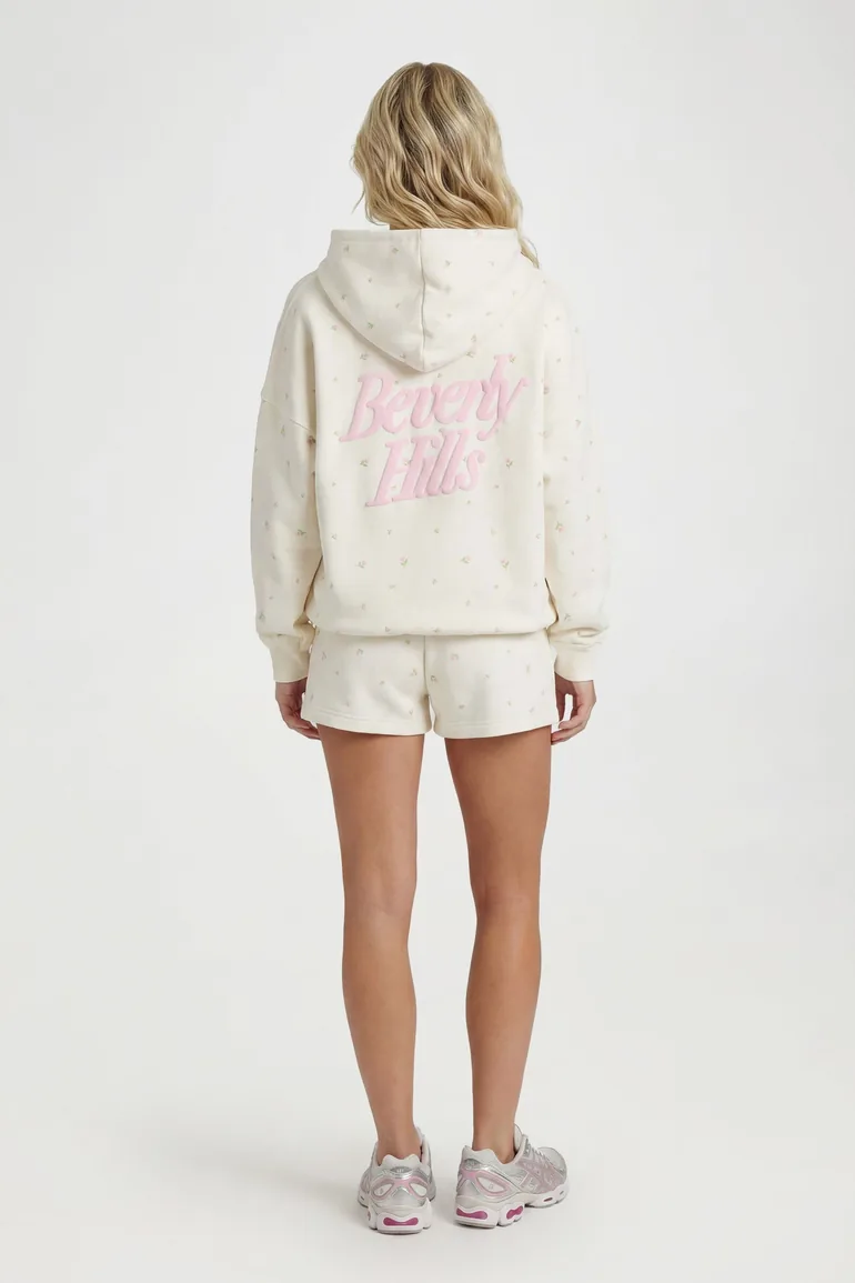 Beverly Hills Puff Print Ditsy Hooded Short Tracksuit - ecru - 2