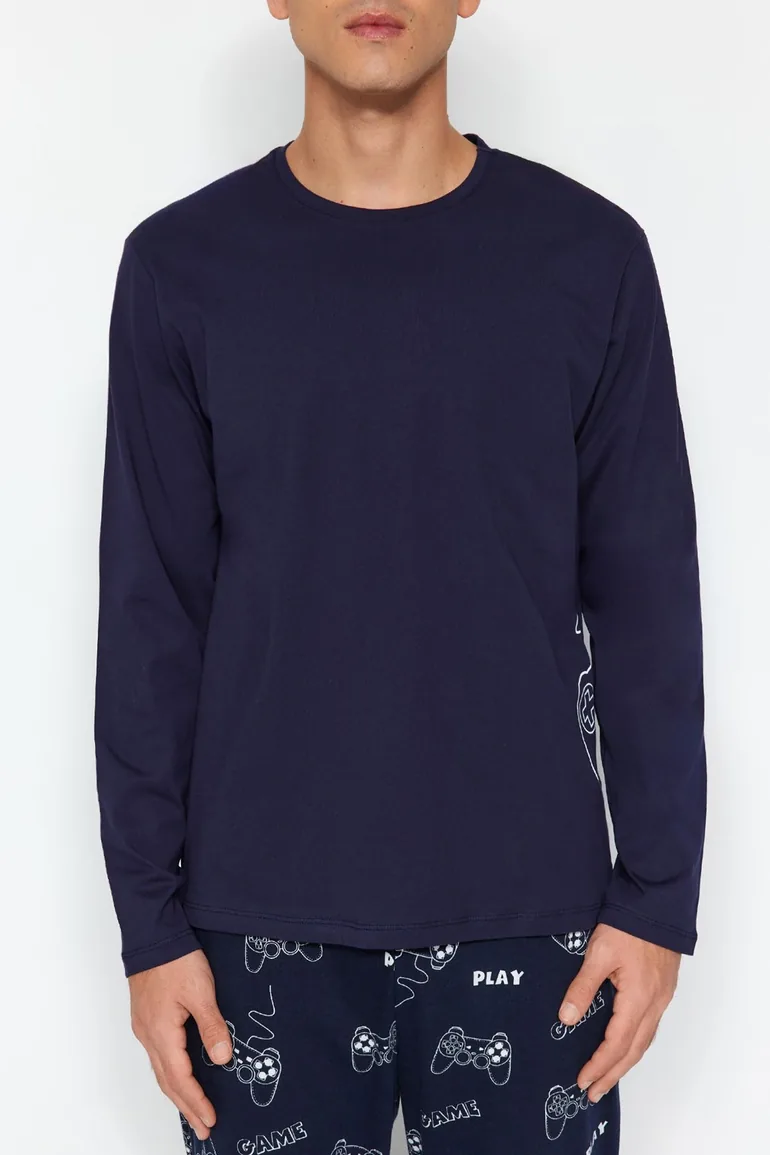 Men's Navy Regular Fit Printed Knitted Pajamas Set - 1