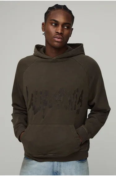 Oversized Washed Embroidered Loopback Hoodie - khaki
