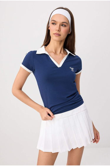 Navy Blue Fitted/Fitted Polo Neck Short Sleeve Cotton Stretch Knitted T-Shirt