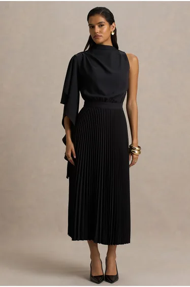 Jimena | Black High-Neck Midi Dress With One-Long Sleeve And Pleated Detailing