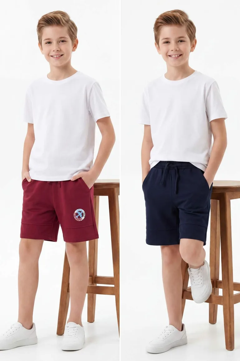 Burgundy-Navy Blue Plain Knitted Shorts & Bermuda