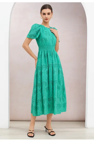Palm Tree Eyelet Embroidery Shirred Cotton Midi Dress for Garden Tea & Afternoon Gathering