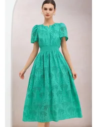 Palm Tree Eyelet Embroidery Shirred Cotton Midi Dress for Garden Tea & Afternoon Gathering - 1