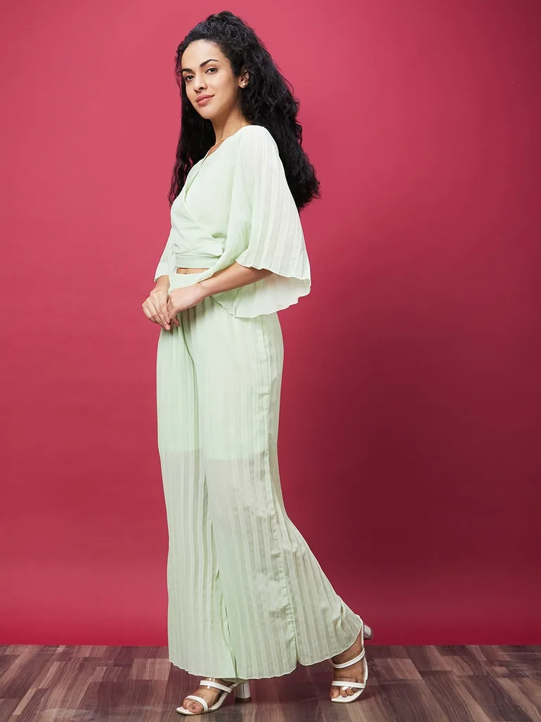 Solid V-Neck Crop Top and Pleated Pants Co-Ords - 1