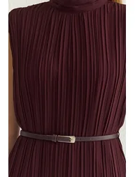 Burgundy Belted Plain Midi Woven Dress - 4
