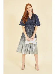 Yumi Navy and Silver Ombre Sequin Midi Wrap Dress