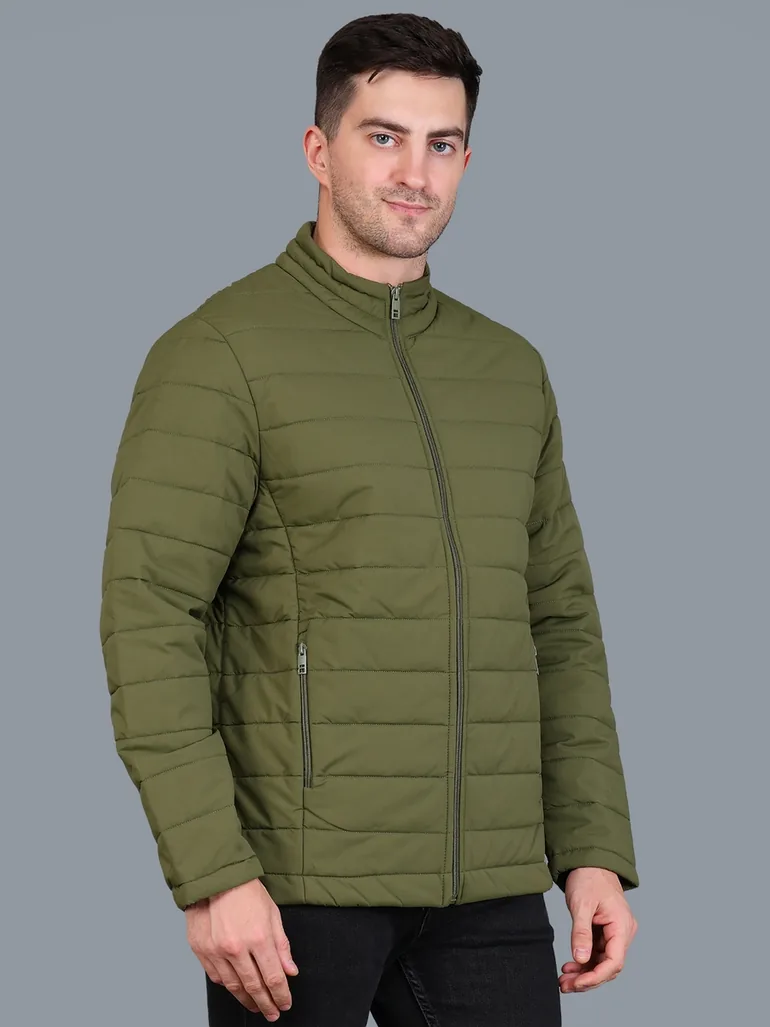 Men Olive Green Padded Bomber Jacket - 1