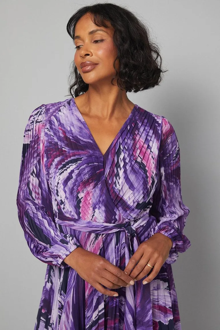 Abstract Print Pleated Asymmetric Wrap Dress - 3