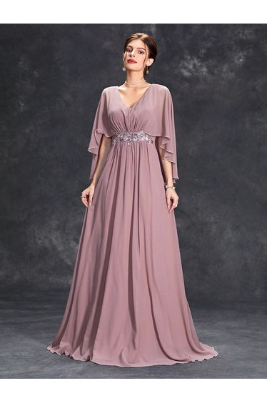 Leely Women's Elegant V-Neck Cape Sleeve Chiffon Formal Dress