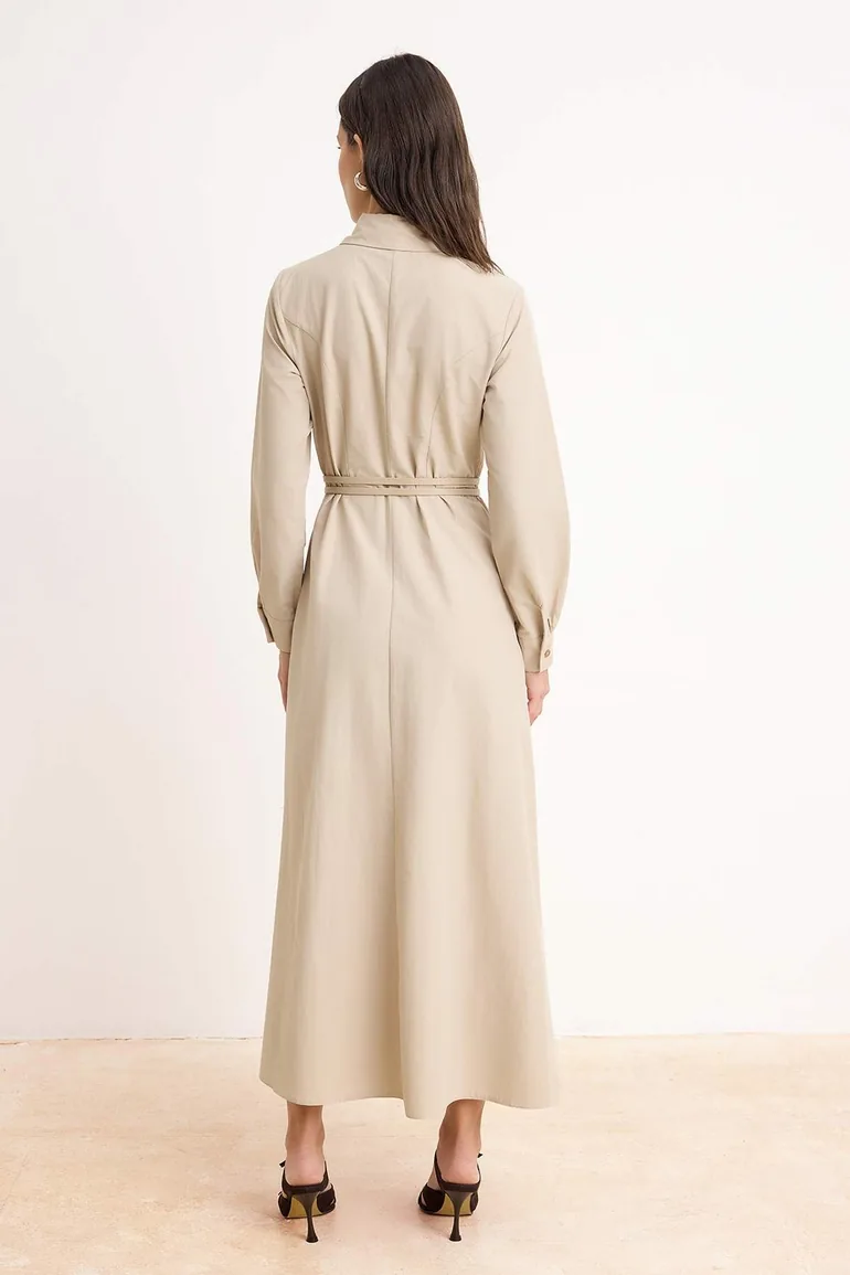 Beige Belted Unlined Plain Woven Terrycotton Hijab Dress - 3